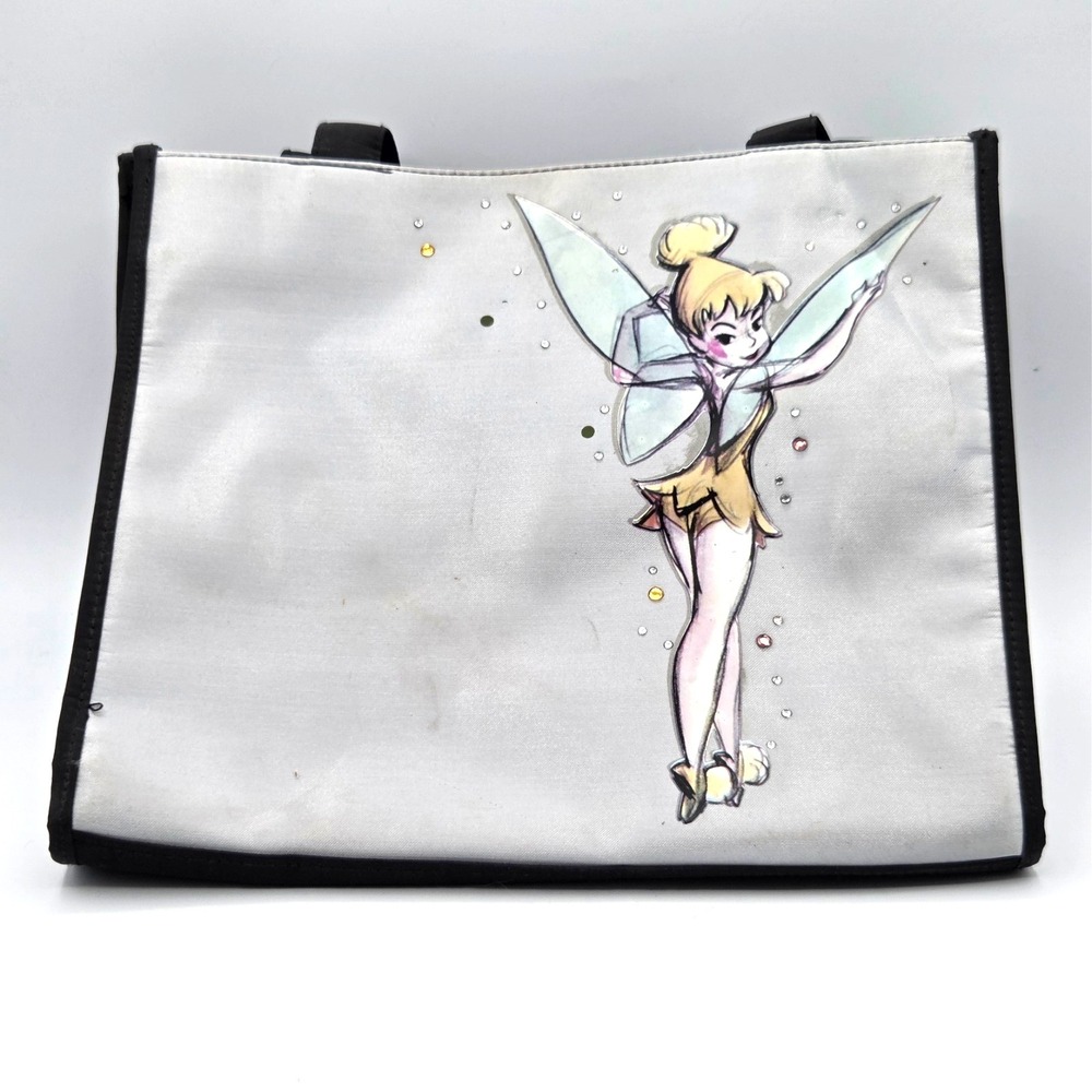 Disney Tinkerbell Purse Handbag Tote Silver W/ Sequins & Black Double Straps